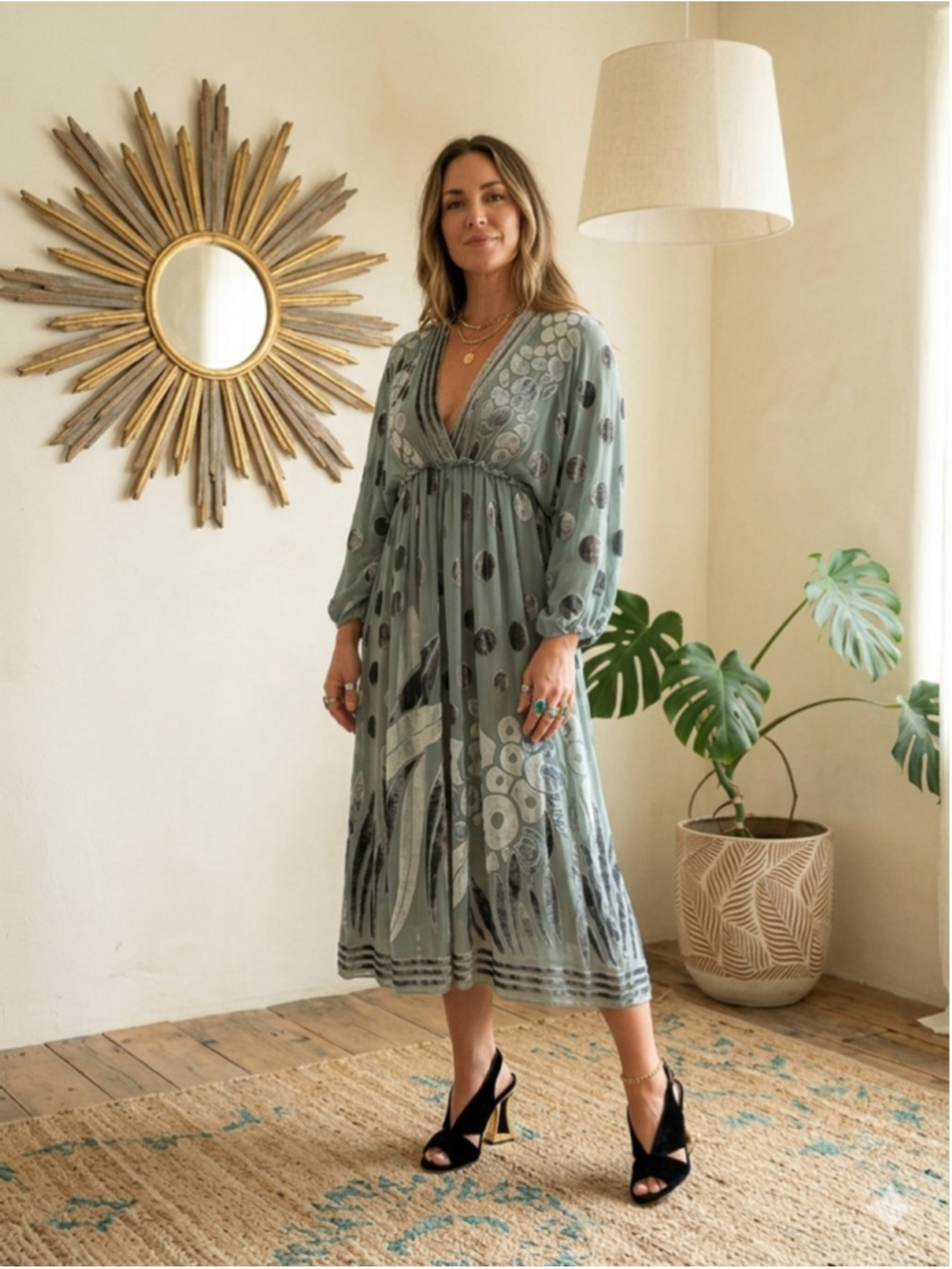 BCBG Max Azria RUNWAY Silk Velvet Burnout Dress Green Polka Dot Boho Midi Small